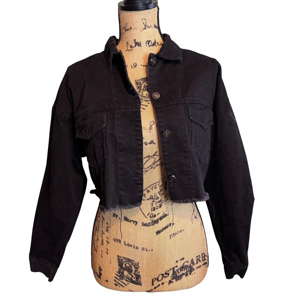 Zilcremo Womens Grunge Casual Travel Distressed Cropped Denim Jacket Black Small